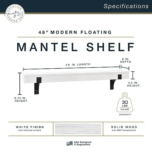 Image of Master & Co. Modern Floating Fireplace Mantel with Black Metal Brackets, Long Floating Shelves for Wall Decor, 48 inches, White Woodgrain
