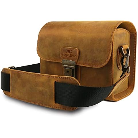 MegaGear Pebble MG1725 Genuine Leather Camera Messenger Bag for Mirrorless, Instant and DSLR Cameras - Camel Cover