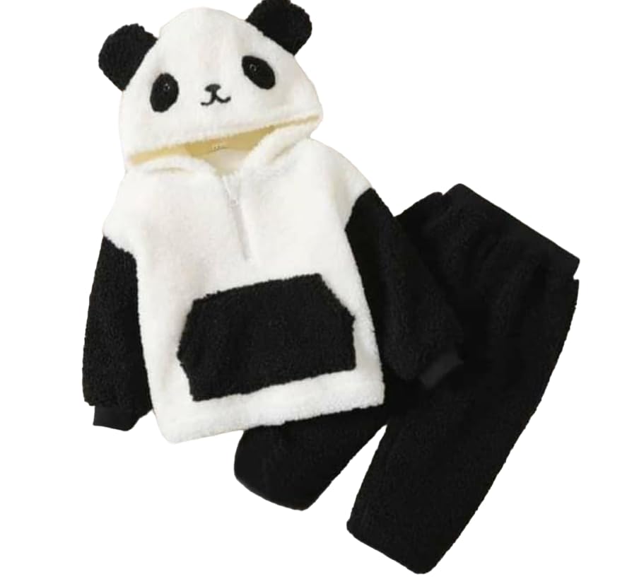 AMEEHA Cartoon Character Design Kids’ Fur Hooded Top and Pants Set, White and Black AMEEHA Cartoon Character Design Kids’ Fur Hooded Top and Pants Set, White and Black