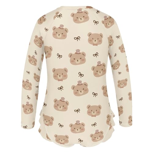 Cute Brown Bears Print Girls One Piece Rash Guard Swimsuit, Girls Long Sleeve Swimwear for 3-12Y3