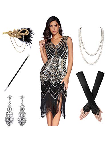 Ensemble d'accessoires de robe vintage années 1920 à paillettes et frange Gatsby avec perles - bleu - Taille S Cover