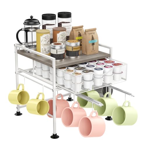 Kssiaz Tassen-Halter, Kaffeestation mit Großvolumiger Aufbewahrungsschublade und Ausziehbaren Haken, Becherständer Wandmontage für 10 Tassen, Kaffeebar-Organizer für Küche, Haus, Grau+Weiß
