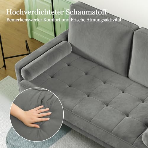Meskanu Couch 2 Sitzer, 121 cm Samt Kleines Sofa mit 2 Wurfkissen, Modern Mini Sofa, Getuftetes Kleine Couch für Wohnzimmer/Schlafzimmer/Büro/Wohnung, Grau