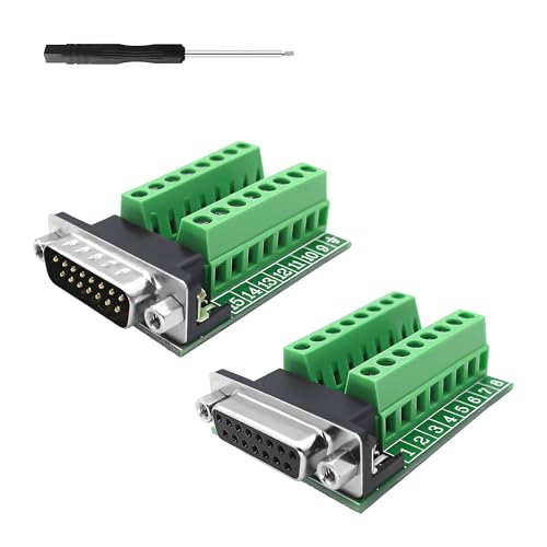 YIMATEECO DB15 Breakout Board, DB15 to Screw Terminal Block RS232 D-SUB to 15Pin Solderless Terminal Block Adapter Converter Connector Interface Breakout Conversion Board (1x Female + 1x Male)