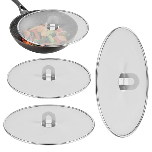 RVEFOT 3 Pcs Splatter Guard Stainless Steel Frying Pan Splatter Screen Splash Proof Oil Splatter Cover with Foldable Handle Mesh Oil Proofing Lids for Cooking (9.8 inch, 11.4 inch, 13 inch)
