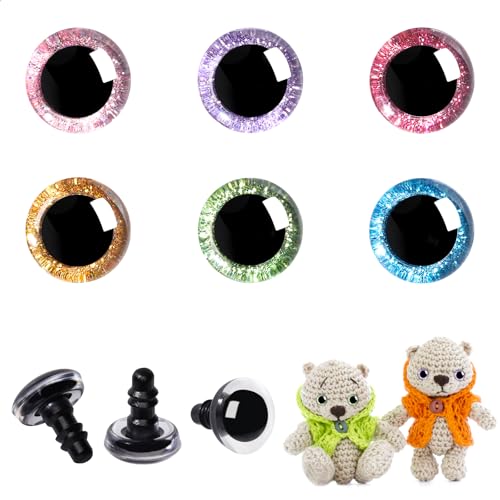MUCUNNIA 60 Stück 16 mm glitzernde Kunststoff-Sicherheitsaugen für Amigurumi, runde Augen zum Basteln, Häkeln, Puppenaugen mit Unterlegscheiben, Stofftieraugen für DIY-Bastelarbeiten (6 Farben)