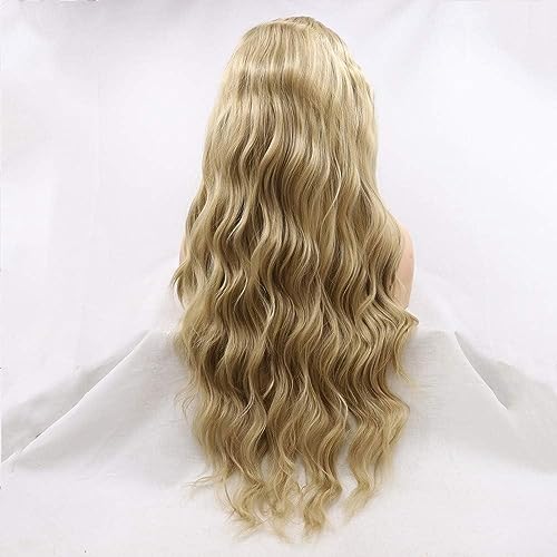 Xiweiya Blonde Curly Hair Long Goldden Wigs Middle Parting Glueless Synthetic Lace Front Wig Natural Looking Ash Blonde Hair Accession Anime Cosplay Wig Drag Queen Hair 24 Inch - Image 4