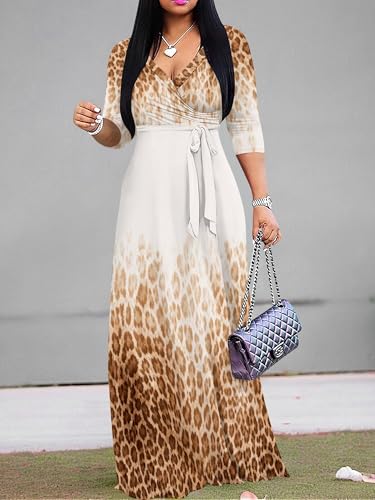 Image of PinkPatty Plus Size Dresses for Curvy Women V Neck Flowy Long Sleeves Wrap Maxi Dress Travel Vacation Outfits