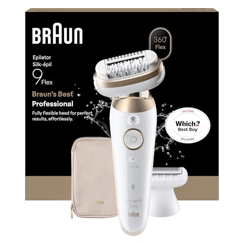 Braun Silk·épil 9 Flex, Epilator with 360° Flexible Head for Easy Hair Removal, Wet & Dry, Lasting Smooth Skin, Includes Shaver Head and Trimmer Comb, 9-030 3D, Gold