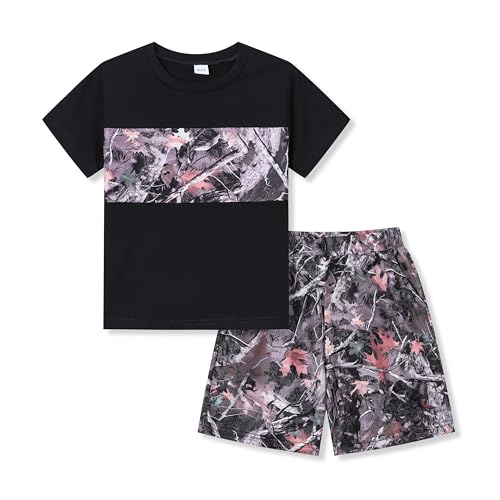 Image of Size 6-12 Years Boys Summer Outfits Set Kids Short Sleeve Top T-Shirt & Shorts Color Block Clothing Sets
