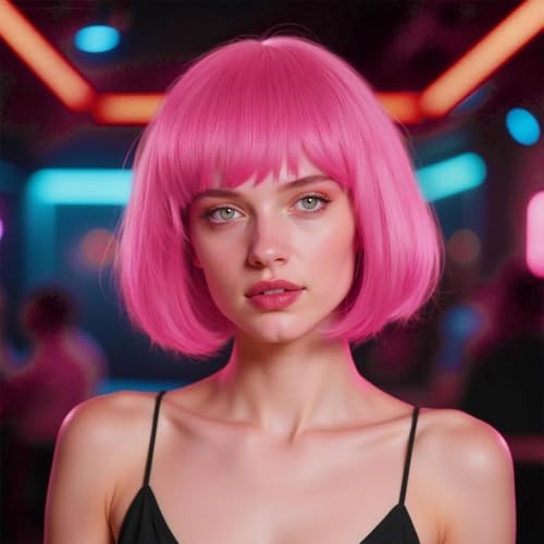 Image of ANOGOL Rose Red Bob Wig with Bangs Pink Wigs for Women Colored Wigs Party | Hair Cap+ Sunglasses Short Neon Wig Bachelorette Party Funny Outfit Pink Costume Women Halloween Night Club Crazy Hair Day