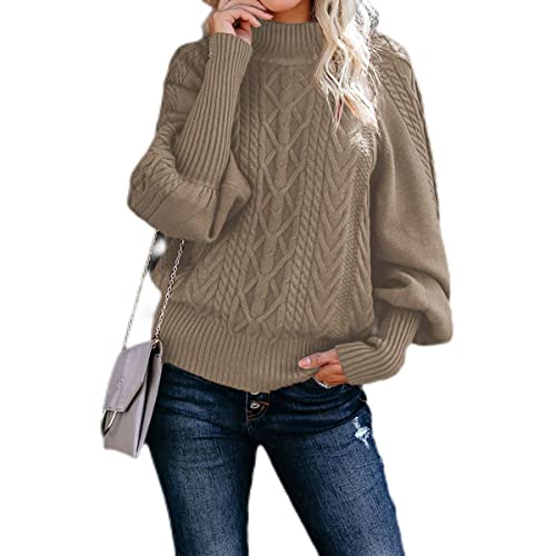 Eogrokerr Damen Casual Sweater, Dicke Langarm Tops Casual Pullover Sweatshirt Frauen Rollkragenpullover Twist Zopfmuster Strickpullover, khaki, XXX-Large Cover