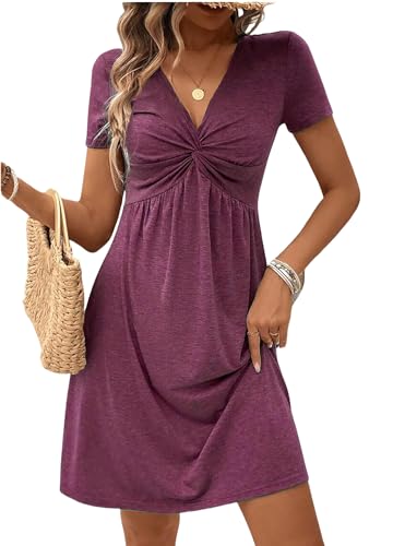 Image of LLHXRUI Women's Twist Front V Neck Ruffle Casual Summer Dress Sexy Elegant Sleeveless Club Party Tunic Bodycon Mini Dresses(Large,Purple-1)