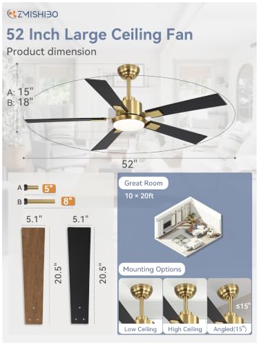 Image of ZMISHIBO 52 inch Black and Gold Ceiling Fans with Lights and Remote, Indoor /Outdoor Modern Ceiling Fan for Bedroom Living Room Patio, 6 Speed Reversible Quiet DC Motor, 3 CCT, Dual Finish Blades