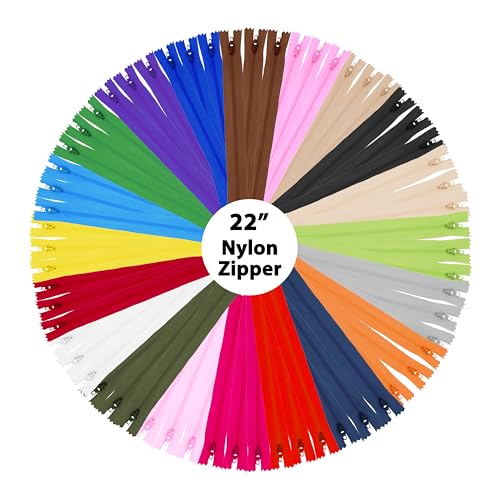 Mandala Crafts Nylon Zippers for Sewing, 22 Inch 60 PCs Bulk Zipper Supplies in 20 Assorted Colors;
