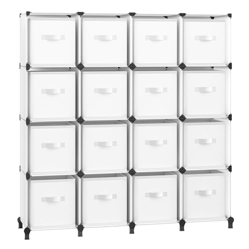 SONGMICS Cube Storage Unit with Storage Boxes, 16-Cube Clothes Storage Unit, 16 Non-Woven Fabric Cubes for Shelves, Customisable, Expandable, Space-Saving, Bedroom, Cloud White LPC162W01