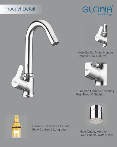 Image of Gloria Bath Fittings | Swan Neck Pillar Cock Tarim Brass Faucet | 360 Rotating Spout | Chrome Plated Wash Basin Tap | Quarter Turn Tap with Smooth Foam Flow | GB-87578899