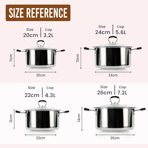Stainless Steel Stock Pot Cooking Pot Set with Glass Lids | Induction Hob Pot/Casserole Cookware Set for Gas, Electric & Ceramic Hobs 20cm 3.2L, 22cm 4.3L, 24cm 5.6L, 26cm 7.2L (Set of 4) - Image 4
