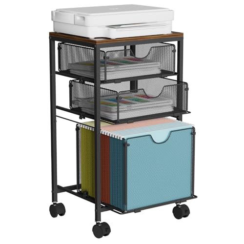 BOHDK Carrito de archivos rodante, carrito de archivos para almacenamiento debajo del escritorio, archivador móvil de madera y malla con 3 cajones deslizantes, para A4, carpetas de archivos colgantes