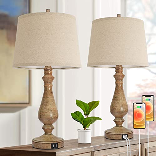 Farmhouse USB Table Lamps Set of 2, Dimmable Touch Control Bedside Lamps, Rustic Nightstand Reading Lamps with Cream Fabric Shade for Bedroom Living Room Office, Oak Metal Base, 2700K Bulbs Included