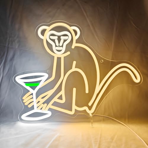 Image of Monkey Cocktail Neon Sign, Bar Light Up Signs 15.79x12.6inches, Dimmable USB Powered, Safe and Energy Saving LED Signs for Home Bar Bedroom Men Cave Birthday Party Decor