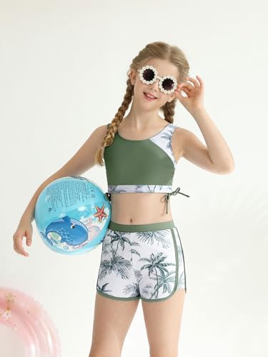 Image of Girl's 3 Piece Bikini Bathing Suit Printed Sport Swimsuits with Shorts Cove Up Sets Teen Girl's Swimwear