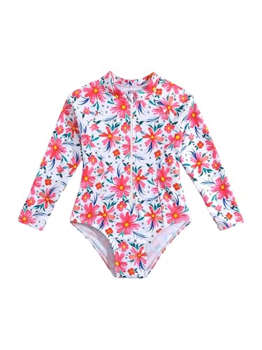 SHENHE Girl's Floral One Piece Swimsuit Long Sleeve Rash Guard Zip Up Cute Bathing Suit Swimwear Watermelon Pink 6Y