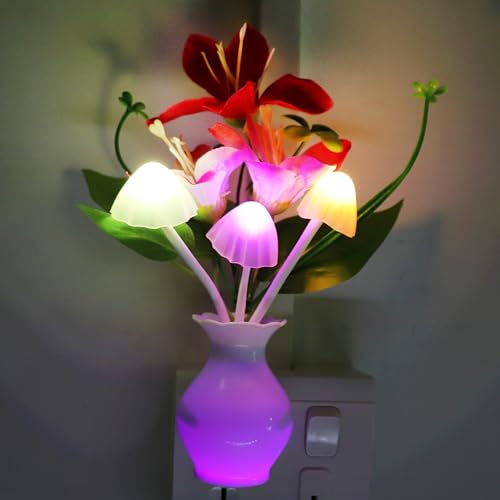 Image of AUSAYE Plug-in Night Light with Auto Light Sensor,RGB LED Mushroom Night Light Wall Red Lily Flower Lamp for Adults Kids Nursery Room,Bedroom,Lounge,Bathroom,Stairs