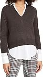 Brochu Walker, Women's Alum V-Neck Layered Looker, Char Brown Melange with White Underlayer, M