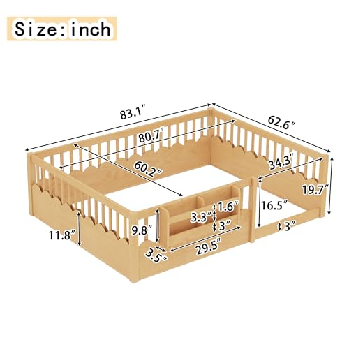 Image of Bellemave Queen Size Kids Montessori Floor Bed,Solid Wood Floor Bed Frame with Bookshelf and High Fence for Kids,Girls,Boys,Natural