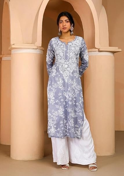 Women's Embroidered Streight Kurta, Grey, Long Sleeve, Cotton Blend, Ethnic Wear, Only Kurti