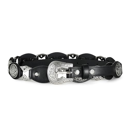 Black Concho Belt for Women Trendy Western Belt with Silver Buckle Retro Waist Belt for Casual Dressy Wear