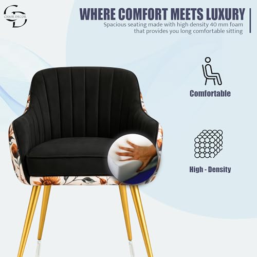 Image of Velvet Accent Chair | Luxury Upholstered Armchair with Sturdy Metal Legs | Modern Comfortable Chair for Living Room, Bedroom, Office, or Cafe (Golden Legs, Black Floral)