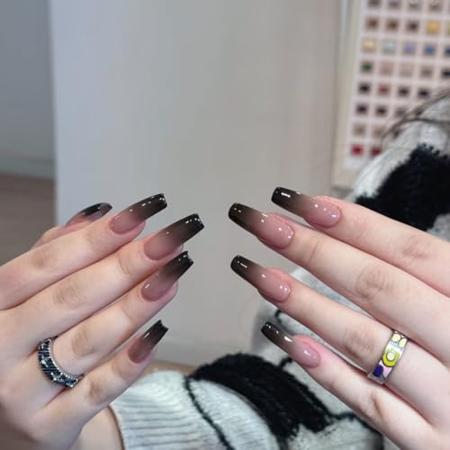 Auriselle Uñas Postizas Largas 24 Piezas de Uña Postizas Francesas Cuadradas Largas Uña Artificiales Negro y Morado Degradado en Uñas de gel Suave con Purpurina, Perfecto para Manicura en Casa