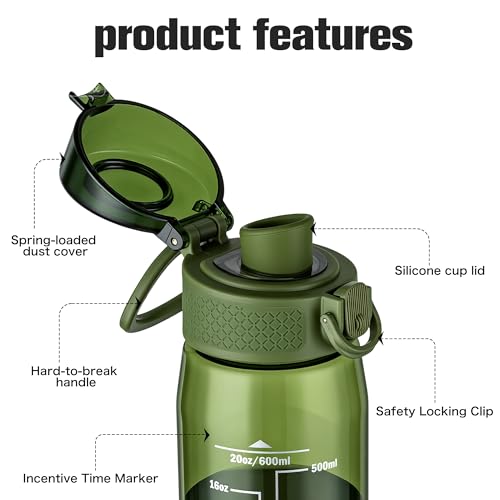 Image of GOPPUS 20oz Kids Water Bottle with Time Marker & Handle, Tritan BPA-Free, Reusable Leakproof Anti-Dust Everyday, Clear Kids Water Bottles For School,Car Travel, Gifts Boys Girls(Olive Green)