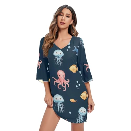 Robe courte en mousseline bleu foncé méduse corail chic à manches 3/4