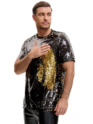 Lars Amadeus Sequin t Shirt for Men's Short Sleeve Round Neck Regular Fit Party Club Sparkly Disco Tee Top4