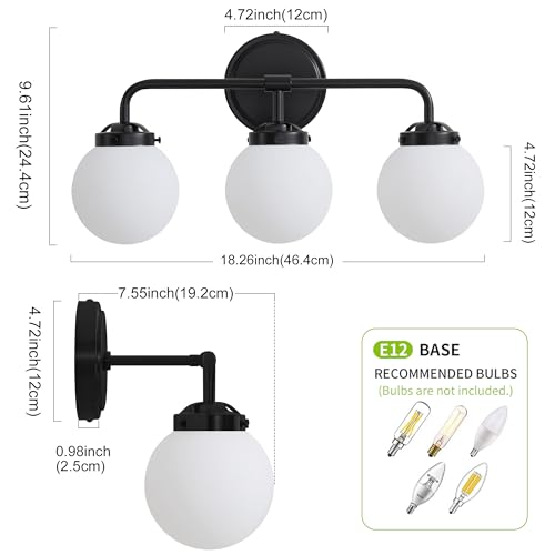 Image of Bathroom Light Fixtures 18.3in 3-Light Matte Black Vanity Lights for Mirror | Bathroom Lighting Fixtures over Mirror, ETL, Brushed Brass Wall Sconce, Dimmable E12 Base Max 60W, Milky Glass Ball Shades