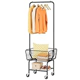Tajsoon Laundry Cart with Hanging Rack, Metal Laundry Basket with Wheels, Laundry Hamper with Storage Basket and Shelf, Rolling Laundry Cart with Wheels, Black
