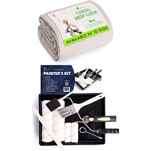 All Purpose Canvas Drop Cloth 12x15 Tarp, Canvas Fabric Drop Cloth Curtains, Drop Cloth for Painting & Painting Tool Kit with Roller Covers, Roller Frames, Brushes and Tray for Household Painting