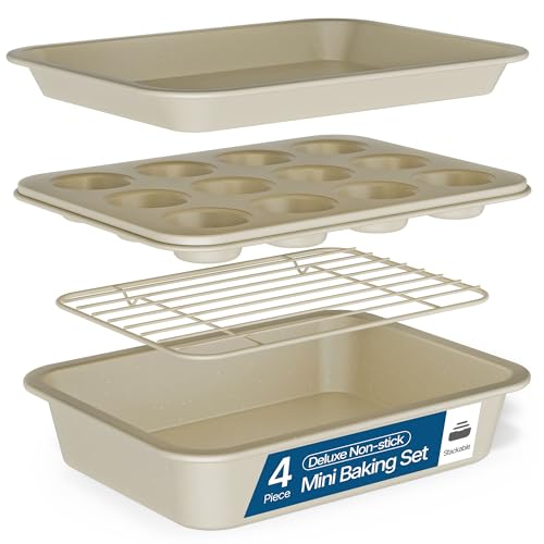 Bakken 4-Piece Bakeware Sets, Nonstick Carbon Steel Baking Sheet, Stackable Space-Saving Bakeware, Dishwasher Safe, Stain-Resistant, PFOA, PFOS, & PTFE Free, Oven Safe Up to 450°F, White Marble