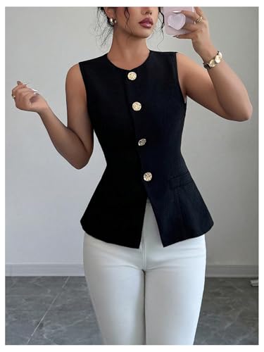 SOLY HUX Women's Summer Button Up Blazer Vest Elegant Crew Neck Sleeveless Business Casual Waistcoat4