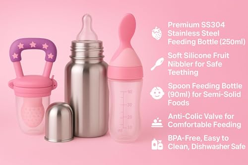Image of Shark Doo Doo Stainless Steel Bottle for Babies (0-12 Months) - 250ml with Silicone Cleaning Brush (Combo Pack) | BPA Free (SS 4in1 Combo Pink)