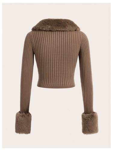Image of MakeMeChic Women's Faux Fur Fuzzy Cardigan Sweaters Valentines Day Outfit Y2K Long Sleeve Rib Knit Cardigan