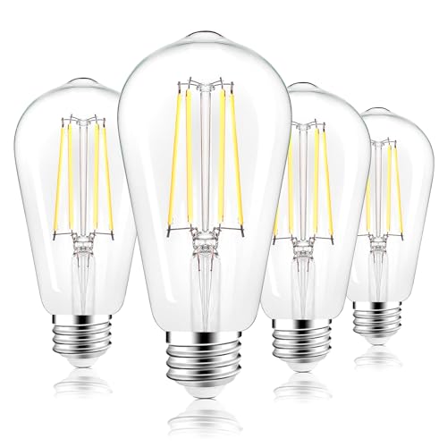 PARTPHONER LED Light Bulbs Dimmable Vintage Edison Bulb, E26 LED Bulb 60W Equivalent 720 Lumens, Daylight 5000K, ST58 Antique LED Filament Bulb CRI 85+, Clear Glass, Pack of 4