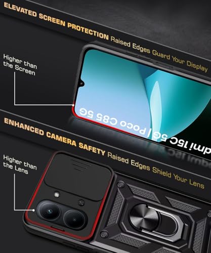 Image of WOW IMAGINE Tough Armor Bumper Mobile Back Case for Mi Redmi 15C 5G | Poco C85 5G | Sliding Camera Cover | Shock Proof 360 Protection | Hybrid PC + TPU | Ring Holder with Kickstand - Black