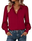Zeagoo Button Down Chiffon Blouse for Women Lantern Long Sleeve Shirts Elegant Red Tops Casual Work Outfits L