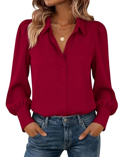 Zeagoo Button Down Chiffon Blouse for Women Lantern Long Sleeve Shirts Elegant Red Tops Casual Work Outfits XL