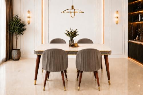 Image of WOODEN SPACE Majestic 4 Seater Wooden Dining Table Set | Urban Marble Top Dining Table with Chairs for Dining Room & Kitchen (Brown Majestic Classic Backline)