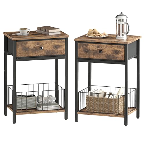 VAFEKOL Industrial Nightstands Set of 2 with Fabric Drawer, 3-Tier End Table with Bottom Mesh Basket, Side Tables for Bedroom, Rustic Brown & Black
